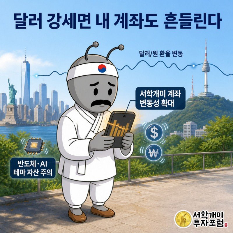 뉴욕과 서울을 잇는 빛줄기 아래 개미가 스마트폰 속 흔들리는 서학개미 계좌 잔액을 불안하게 보는 모습