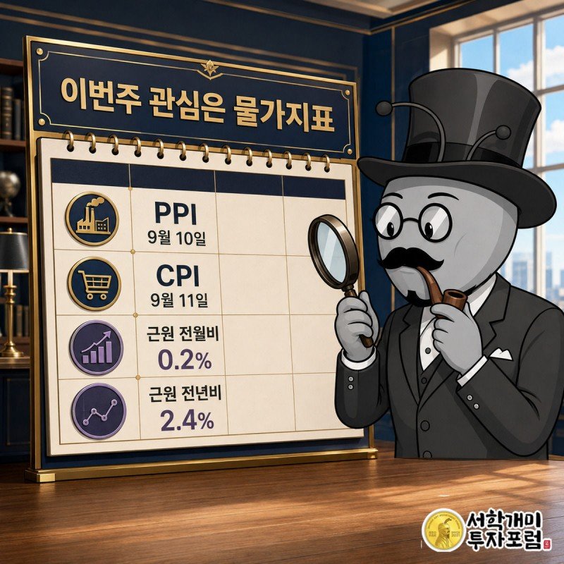 캘린더 보드에 PPI·CPI 발표일을 표시하고 확대경으로 전망치를 살피는 양반개미