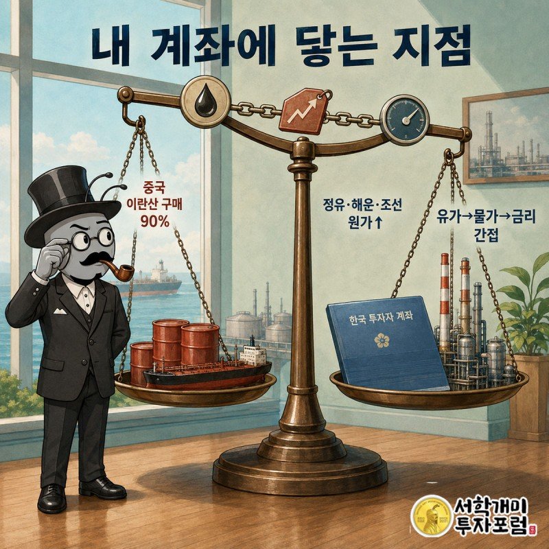 저울 한쪽엔 원유 드럼과 유조선, 다른 쪽엔 통장과 정유공장 굴뚝을 올려두고 부자개미가 기우는 쪽을 의심스럽게 지켜보는 모습
