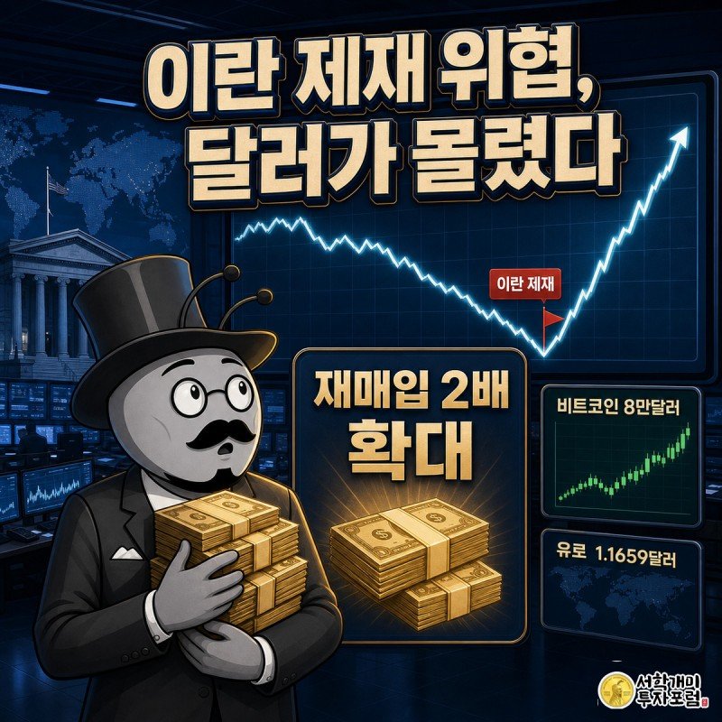 빨간 이란 제재 경고 깃발이 꽂힌 달러지수 급반등 차트 앞에서 개미가 달러 지폐 다발을 그러안고 놀란 표정을 짓는 그림