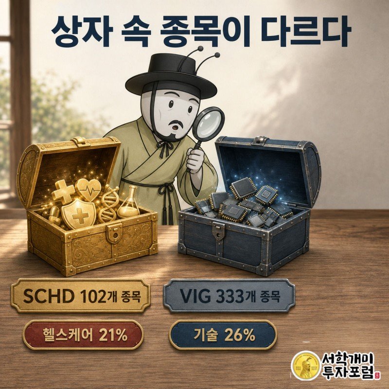 서민개미가 헬스케어 위주 SCHD 상자와 기술주 위주 VIG 상자를 돋보기로 비교하는 모습