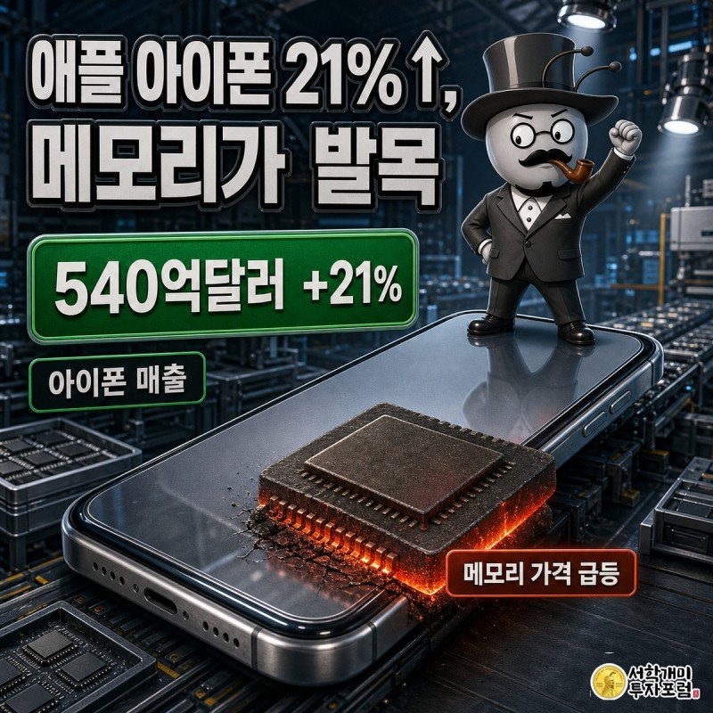 실버 티타늄 아이폰 위에 올라선 개미가 승리 포즈를 취하고, 그 아래 시뻘겋게 달아오른 메모리 칩을 보며 다른 개미가 곤란해하는 모습