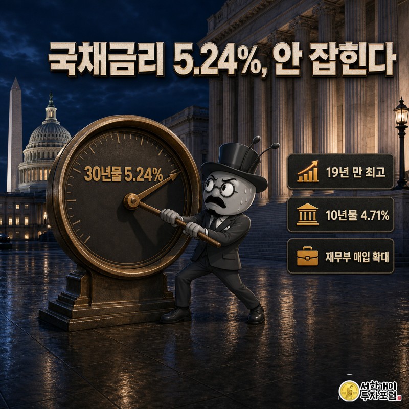 워싱턴 D.C. 국회의사당과 워싱턴 기념탑을 배경으로, 정장 입은 개미가 5.24%에 멈춘 청동 금리 게이지 레버를 온 힘으로 눌러도 바늘이 꼼짝하지 않아 낭패한 표정을 짓고 있다.