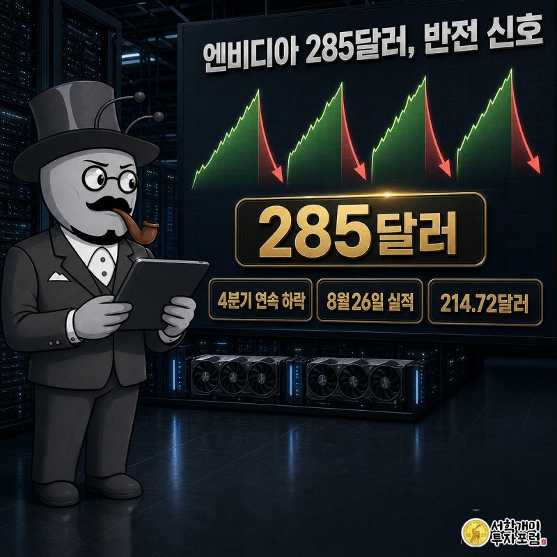 엔비디아 개미가 4분기 연속 실적 다음날 하락 패턴을 보여주는 대형 차트 앞에서 의심스러운 표정으로 285달러 목표주가 배지를 바라보는 모습