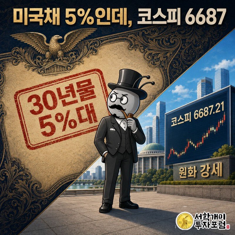 대각선으로 갈린 화면 왼쪽엔 미국 국채증서와 5%대 스탬프, 오른쪽엔 코스피 6687을 가리키는 전광판이 있고 개미가 그 경계에서 불안한 표정으로 양쪽을 살핀다.