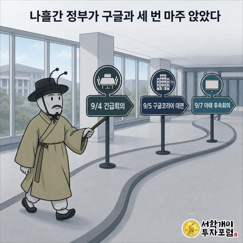 9월4일부터 7일까지 세 번의 회의 이정표를 양반개미가 지팡이로 짚으며 걸어가는 타임라인 그림