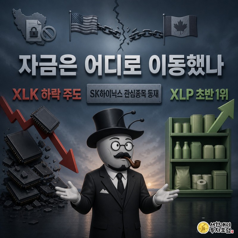 무너지는 반도체 칩 타워와 오르는 소비재 진열대 사이에서 개미가 놀란 표정으로 자금 이동을 지켜보는 장면