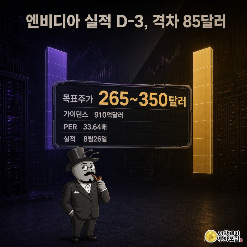 개미 캐릭터가 대각선으로 갈라진 화면 속 265달러와 350달러 목표주가 배지 사이에 서서 의심스러운 표정으로 양쪽을 번갈아 보는 엔비디아 실적 D-3 표지 이미지