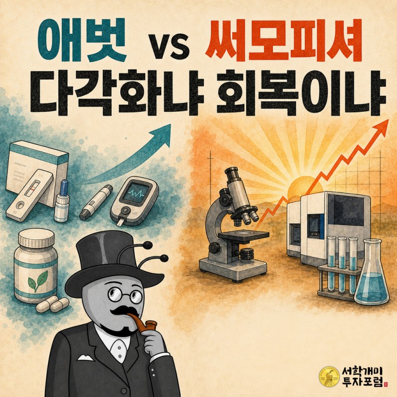 왼쪽에는 진단·의료기기·영양 소품을 든 애벗 캐릭터가 안정적으로 서 있고 오른쪽에는 상승 그래프와 실험 장비 옆에서 회복을 상징하는 써모피셔 캐릭터가 서 있는 컬러풀한 대비 구도의 표지 이미지.
