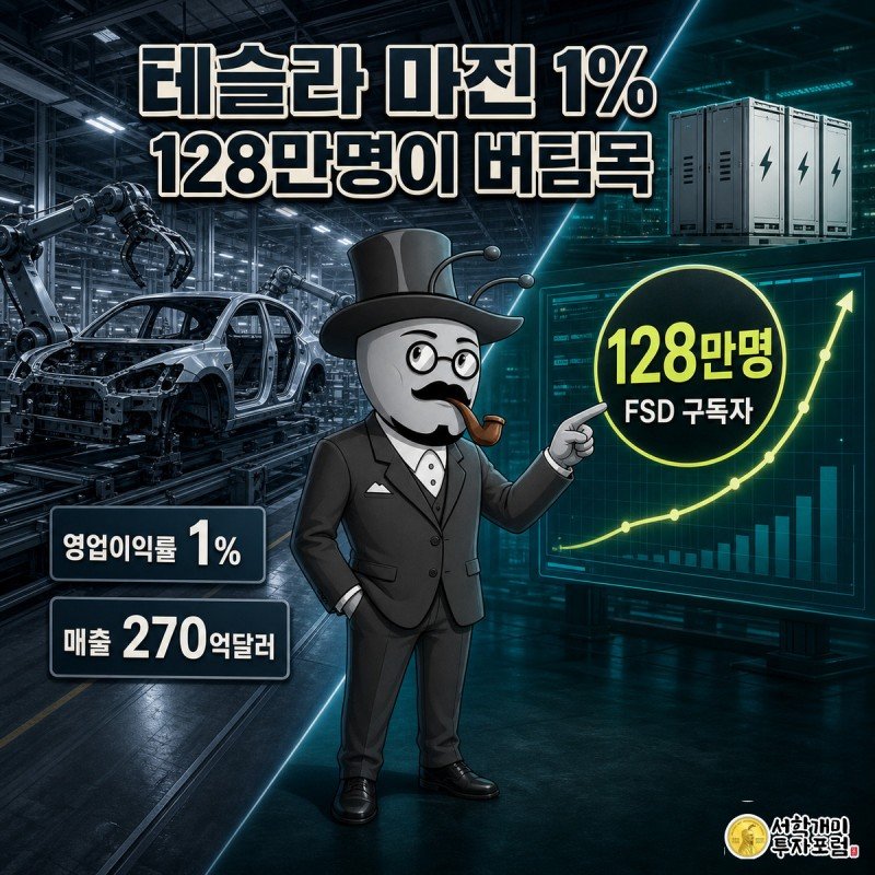 회청색 공장에서 낙담한 표정으로 영업이익률 1% 배지를 보는 개미와 청록색 FSD 화면 앞에서 상승 곡선을 자신 있게 가리키는 개미가 대각선으로 나뉜 장면, 중앙에 128만명 구독자 수치가 크게 떠 있다