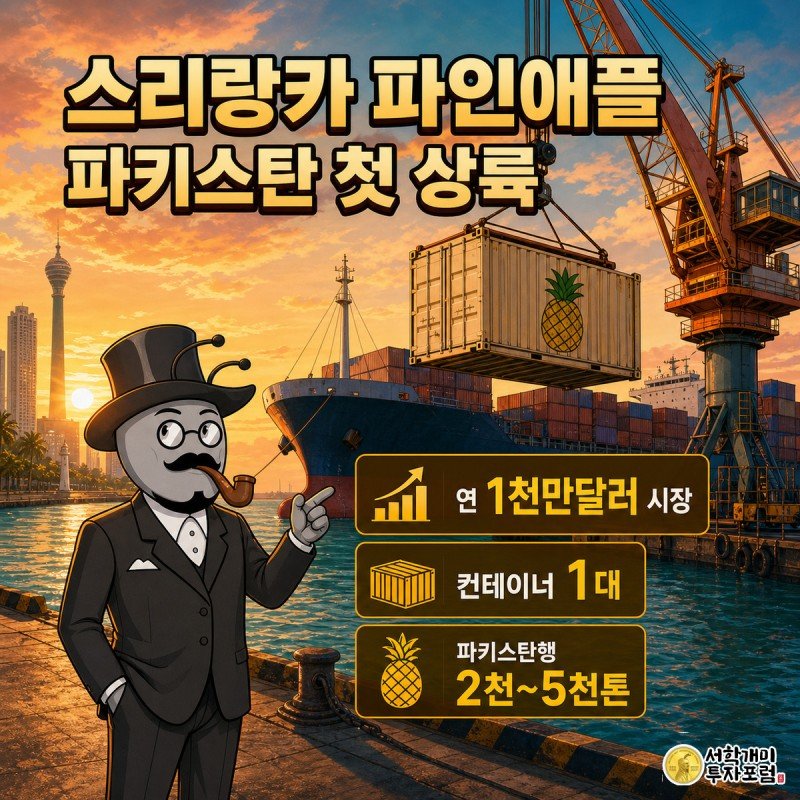 콜롬보 항구에서 개미 캐릭터가 파인애플 컨테이너가 파키스탄행 화물선에 실리는 모습을 자신만만하게 가리키고 있다