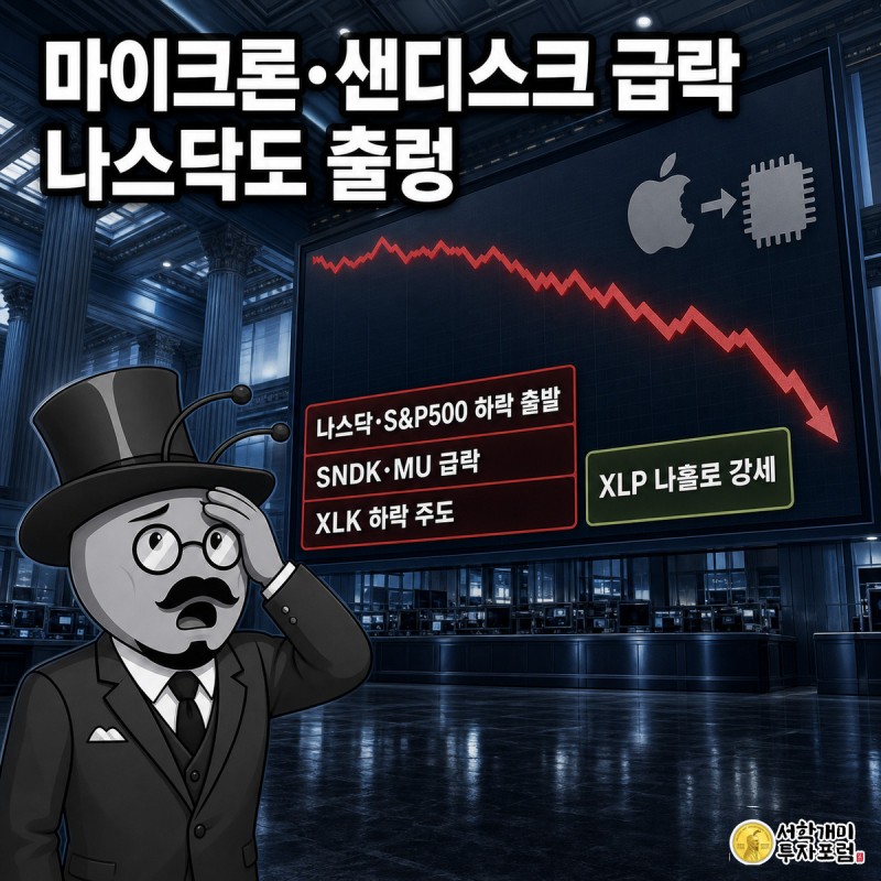 뉴욕 증시 전광판에 샌디스크와 마이크론의 급락 곡선이 뜨자 개미가 낭패한 표정으로 올려다보는 장면