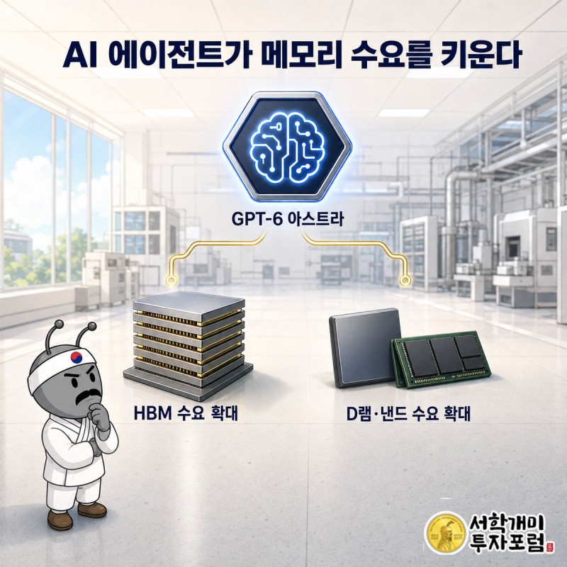 GPT-6 아스트라 AI 코어에서 뻗어나간 화살표가 HBM, D램, 낸드 메모리 블록으로 이어지는 구조를 개미가 올려다보는 인포그래픽