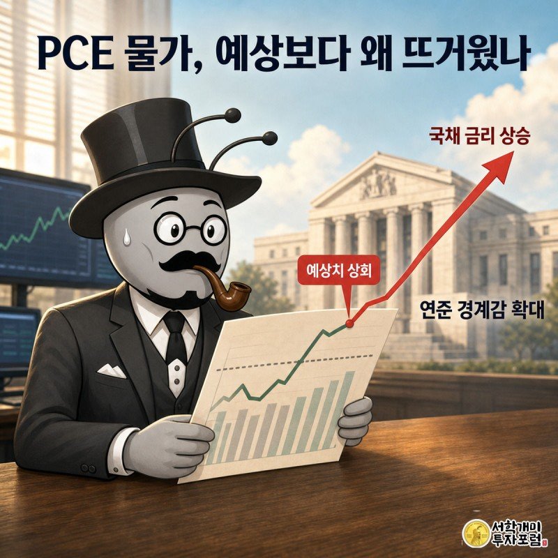 PCE 물가 보고서를 든 개미 위로 예상치를 넘어 치솟는 국채 금리 화살표가 겹쳐진 일러스트
