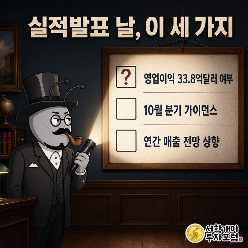 개미가 손전등으로 영업이익·가이던스·연간전망 세 항목이 적힌 체크리스트를 비추는 장면
