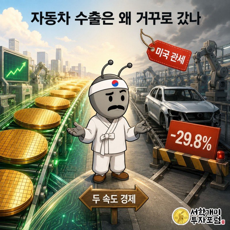 빠르게 흐르는 반도체 라인과 멈춰 선 자동차 조립 라인 사이에서 근심하는 양반개미