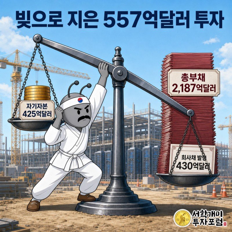 총부채 접시가 자기자본 접시보다 훨씬 무거워 기운 저울을 부자개미가 붙잡고 있는 그림