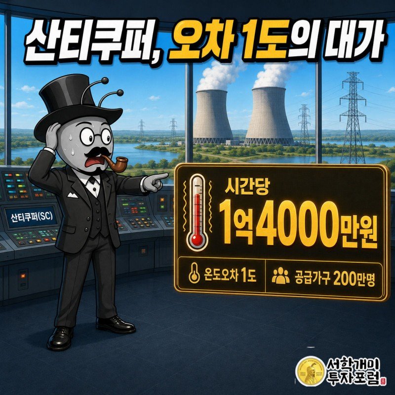 산티쿠퍼 발전소 관제실 창가에서 부자개미가 기온계 바늘을 보며 놀라고, 옆에 시간당 1억4000만원 손실 위젯이 떠 있다