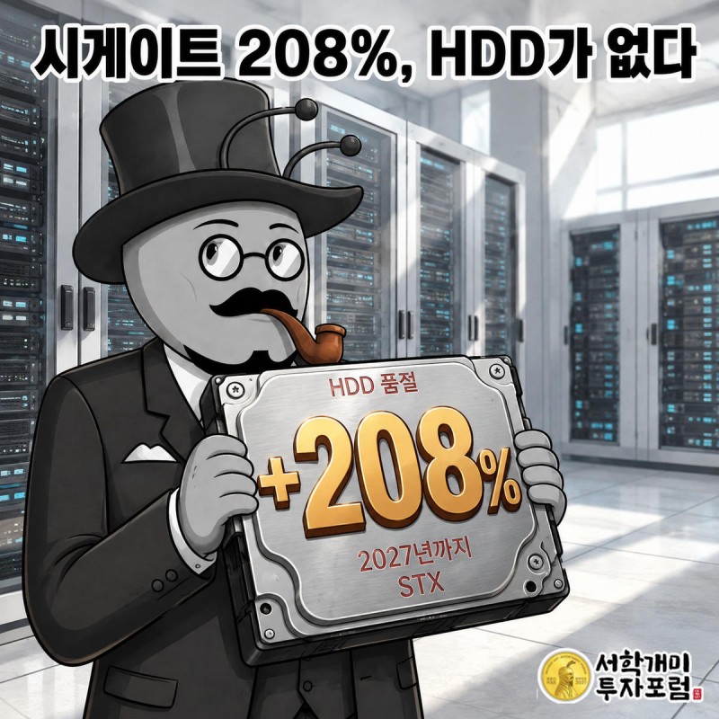 부자개미가 품절 도장이 찍힌 하드디스크 드라이브를 양손으로 들어올리며 득의양양한 표정을 짓고 있다