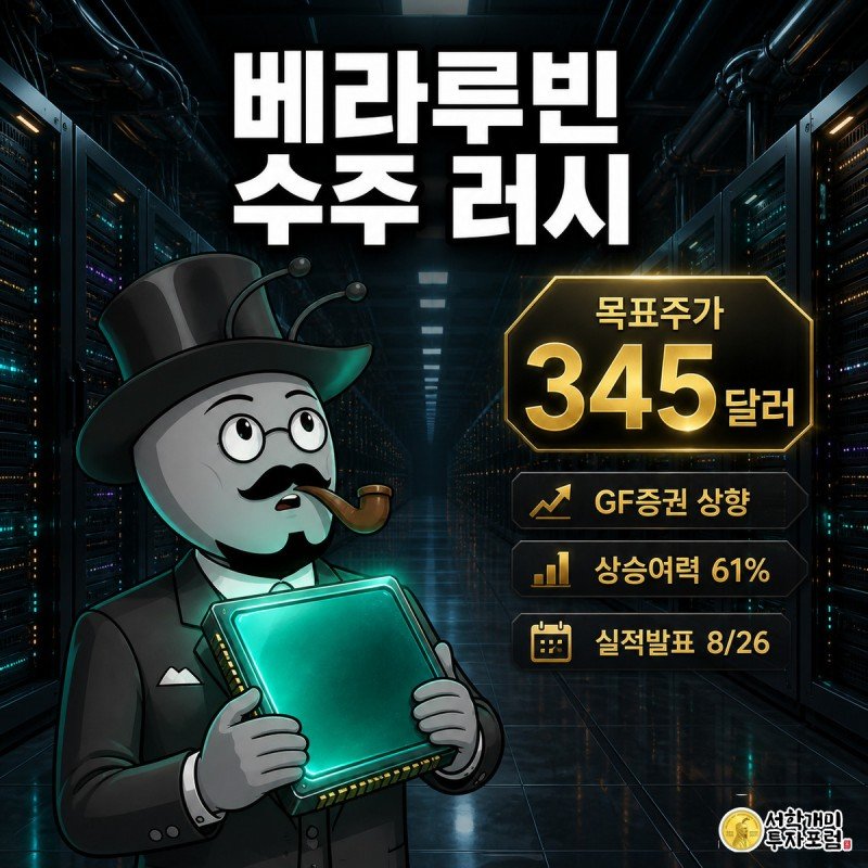 데이터센터 서버랙 통로에서 개미가 발광하는 베라루빈 칩을 안고 올려다보며, 화면에 목표주가 345달러 배지가 떠 있다