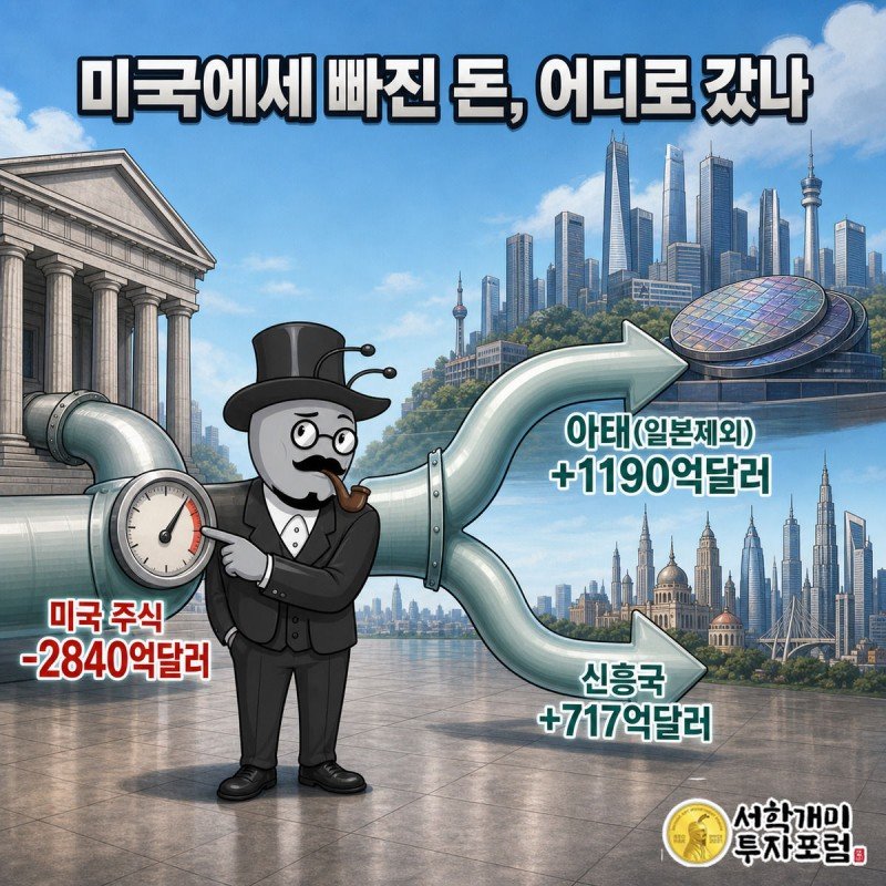 미국 증시 건물에서 빠져나온 자금이 파이프를 타고 아시아 반도체 지역으로 갈라져 흘러가는 모습을 개미가 유량계로 확인하는 인포그래픽