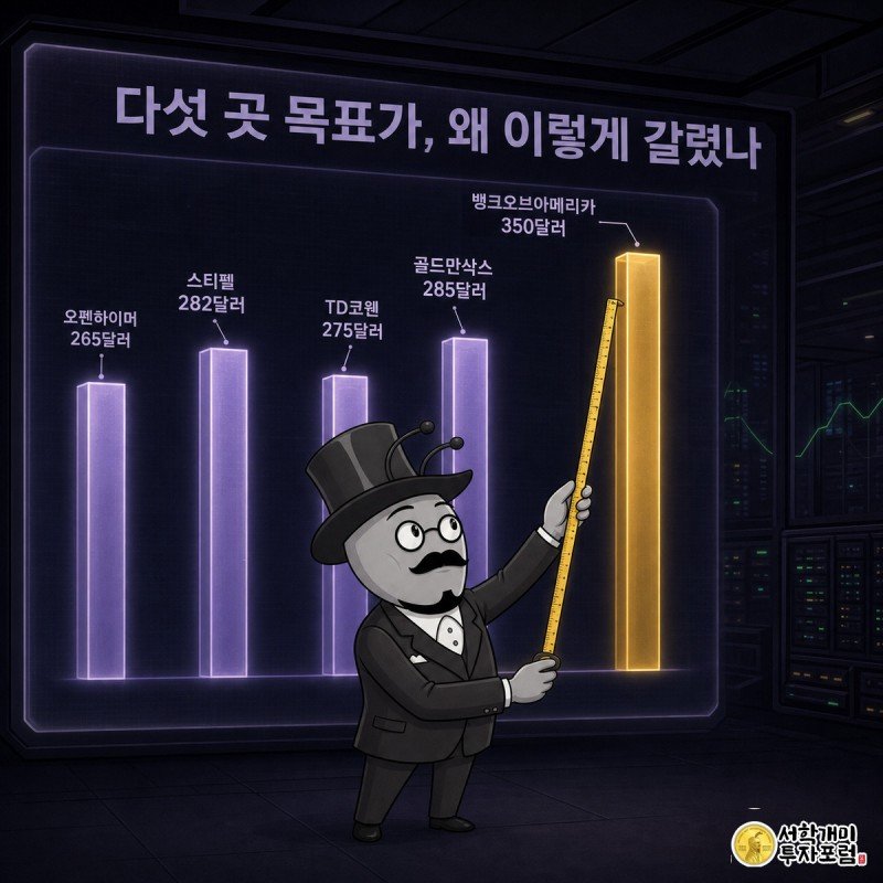 개미 캐릭터가 오펜하이머 265달러부터 뱅크오브아메리카 350달러까지 다섯 증권사 목표주가 막대 사이 격차를 줄자로 재며 놀라는 이미지