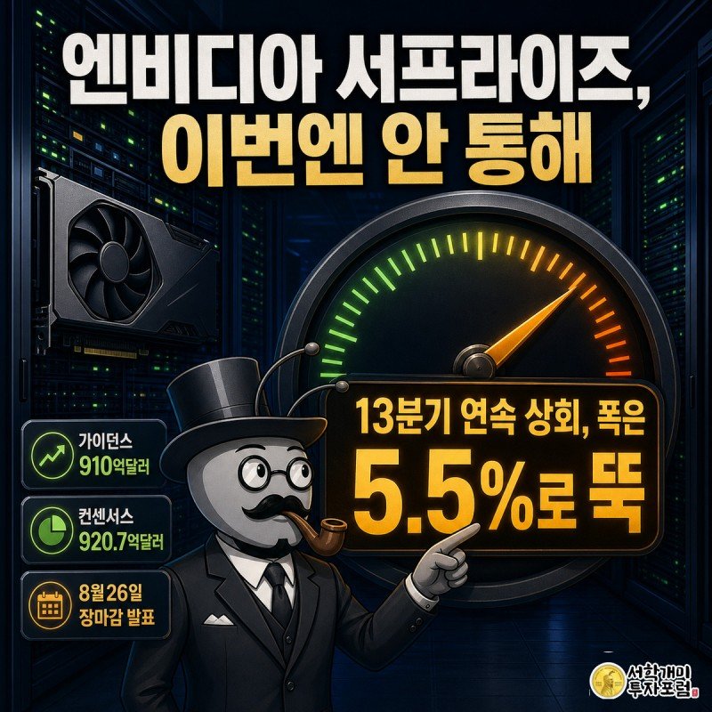 개미가 데이터센터 안에서 서프라이즈 폭을 가리키는 게이지 바늘이 낮은 구간에 멈춘 것을 놀란 표정으로 올려다보는 모습