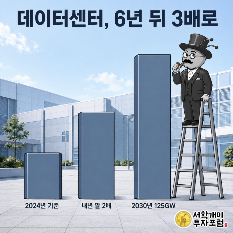 부자개미가 2024·내년·2030년 순서로 높아지는 데이터센터 용량 막대그래프의 가장 높은 막대 옆에 올라선 모습
