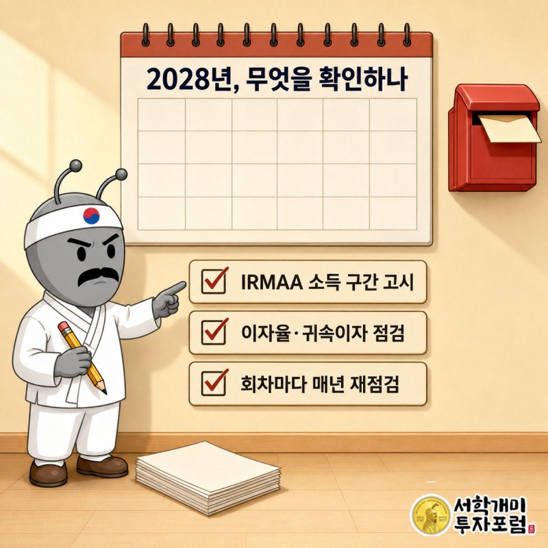 2028년 달력 앞에서 부자개미가 우편함의 메디케어 고지서를 확인하며 체크리스트를 연필로 짚는 모습, 발밑에는 계약서 다발이 쌓여 있다