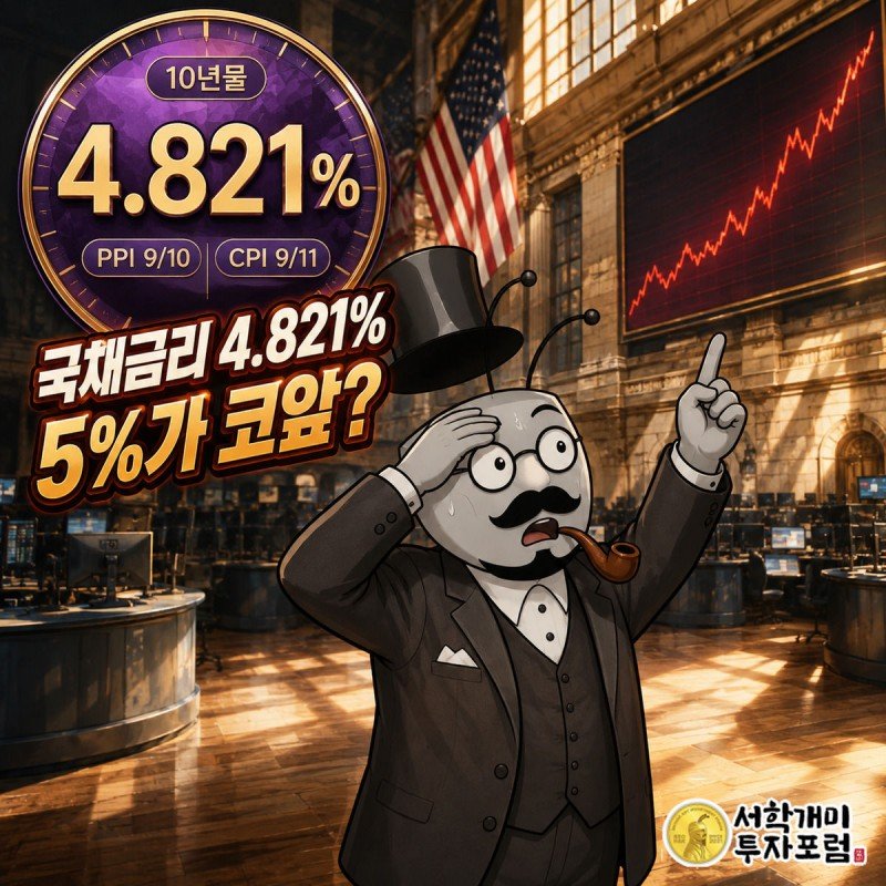 월가 트레이딩 플로어 스크린에 급등하는 국채금리 차트를 보고 부자개미가 놀라는 장면, 4.821%와 PPI·CPI 발표일이 표시된 커버 이미지