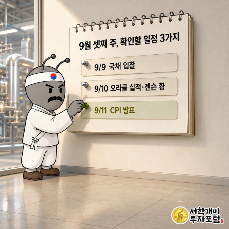 개미가 달력에 9일 국채입찰, 10일 오라클 실적과 젠슨 황 발언, 11일 CPI 발표 일정을 핀으로 표시하는 인포그래픽