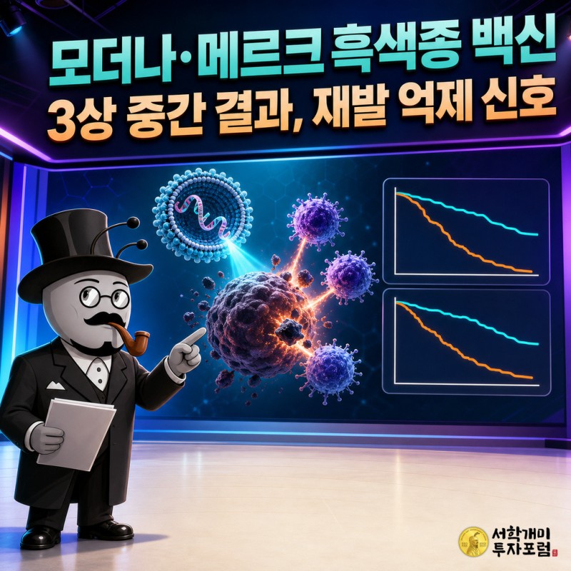 서학개미 기자가 모더나와 메르크의 흑색종 백신 3상 중간 결과와 재발 억제 신호를 설명하는 컬러 커버