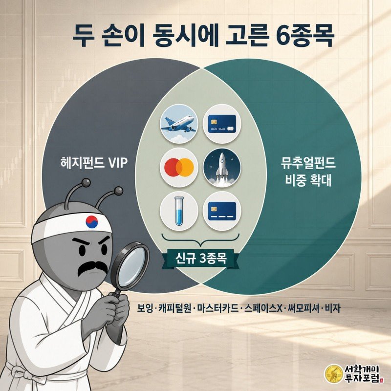 헤지펀드 원과 뮤추얼펀드 원이 겹치는 벤다이어그램 중앙에 보잉, 캐피털원파이낸셜, 마스터카드, 스페이스X, 써모피셔사이언티픽, 비자 로고가 모여 있고 개미가 돋보기로 들여다보는 그림