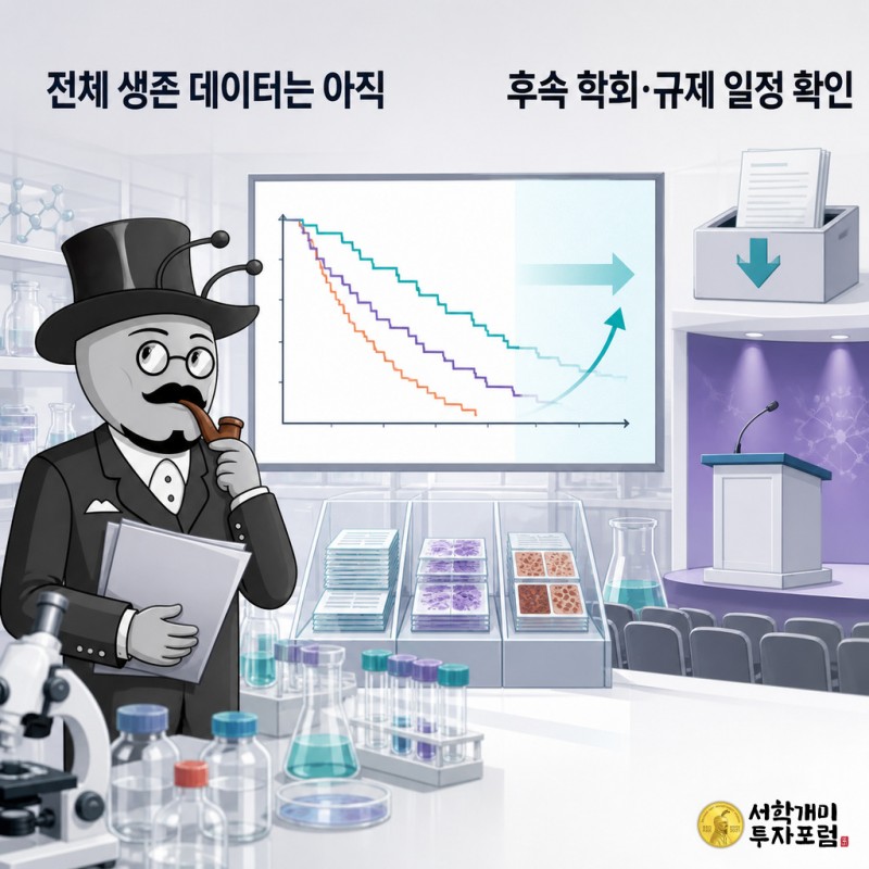 서학개미 기자가 흑색종 백신의 전체 생존 데이터와 후속 학회·규제 확인점을 설명하는 연구실 일러스트