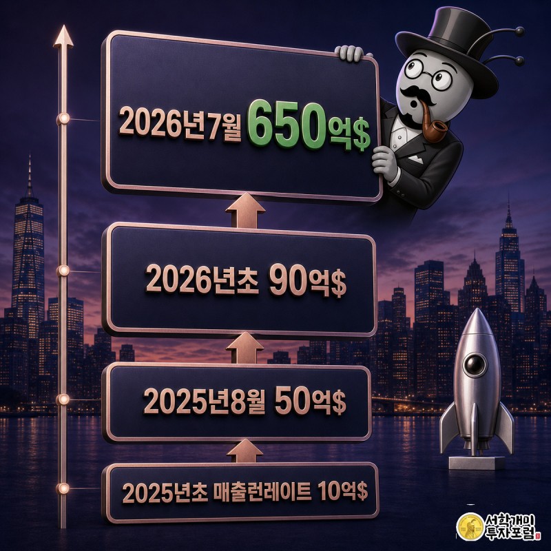 앤트로픽 매출런레이트가 2025년 초 10억달러에서 2026년 7월 650억달러로 급증하는 과정을 보여주는 세로 타임라인과 놀란 개미