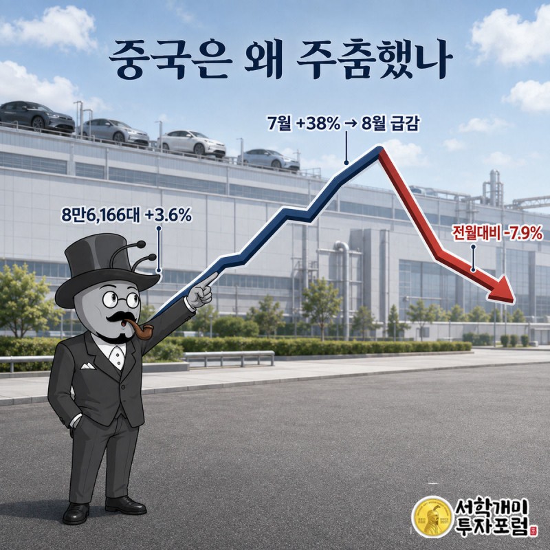 상하이 기가팩토리 앞에서 가파르게 솟다가 꺾이는 그래프를 보며 놀라는 서학개미를 그린 인포그래픽
