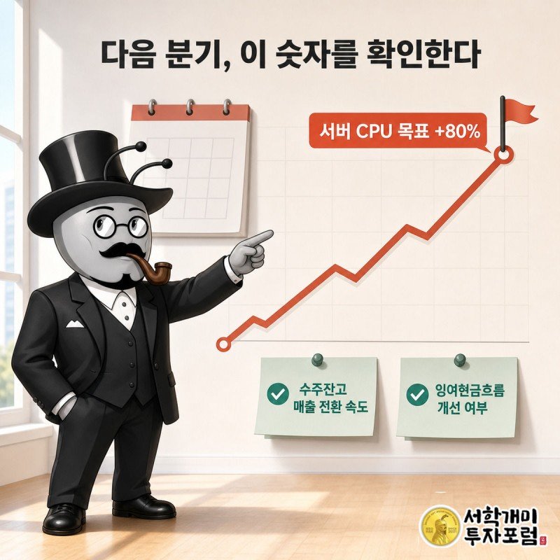 부자개미가 상승 목표선 그래프의 +80% 지점을 손끝으로 짚으며 신중한 표정으로 다음 분기 확인 항목들을 살펴보고 있다.