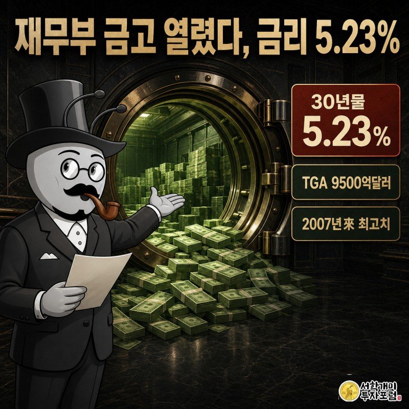 재무부의 TGA 금고가 열리며 달러 다발이 쏟아지고 개미가 놀란 표정으로 서류를 든 채 바라보는 그림, 위젯에는 30년물 금리 5.23%와 TGA 잔액 9500억달러가 표시돼 있다