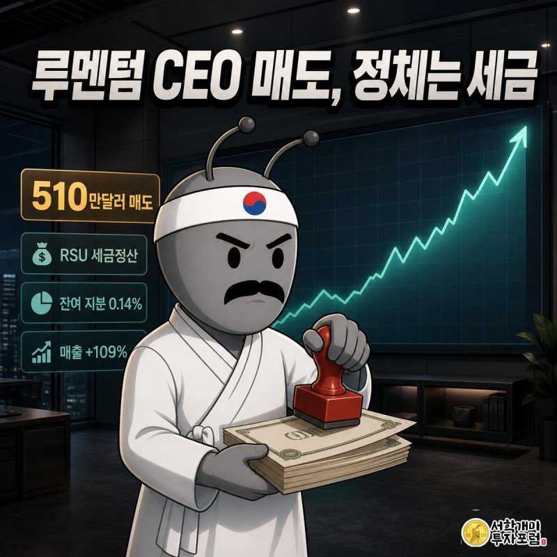 거대한 상승 차트 화면 앞에서 CEO 개미가 세금 도장이 찍힌 주식 더미를 들고 있고, 투자자 개미들이 의심스러운 눈으로 지켜보는 모습