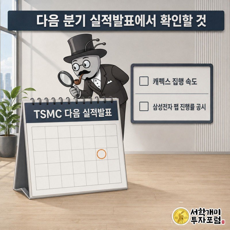 서민개미가 돋보기로 달력의 다음 실적발표 날짜를 들여다보고, 옆에는 캐펙스 집행 속도와 삼성전자 공시 확인 체크리스트가 놓여 있다