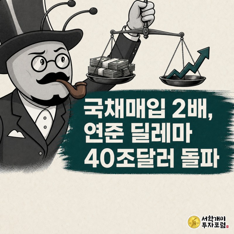 저울을 붙잡고 딜레마에 빠진 표정을 짓는 개미 캐릭터 클로즈업, 국채 매입 확대와 국가부채 40조달러 돌파를 상징하는 커버 이미지