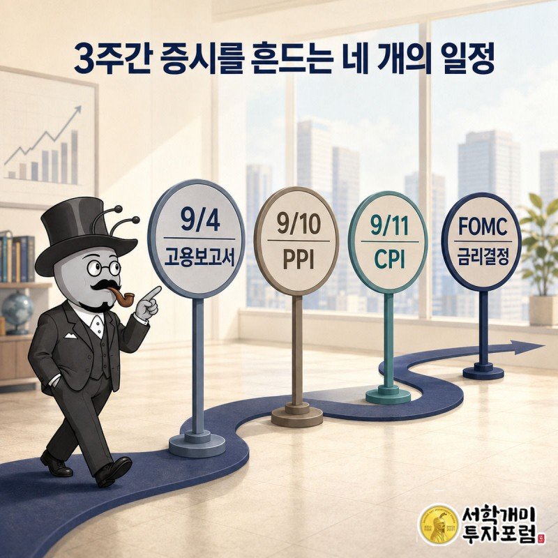 타임라인 위에 9월 4일 고용보고서, 9월 10일 PPI, 9월 11일 CPI, FOMC 팻말이 순서대로 서 있고 개미가 첫 팻말을 짚으며 걸어가는 그림
