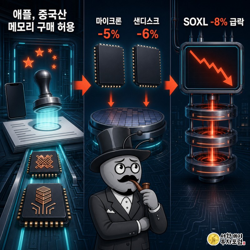 애플의 중국산 메모리 구매 허용이 마이크론·샌디스크 하락을 거쳐 SOXL 급락으로 이어지는 과정을 세 장면으로 보여주는 모습