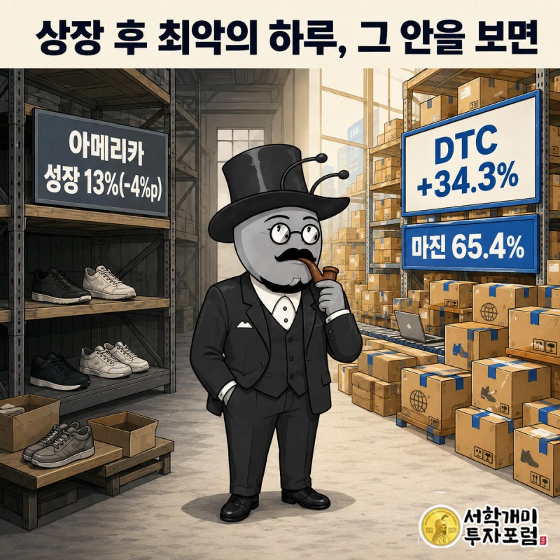 서민개미가 어두운 도매 매장과 밝은 온라인 창고 사이에 서서 아메리카 성장률 둔화와 DTC 매출 호조 수치를 번갈아 보는 모습