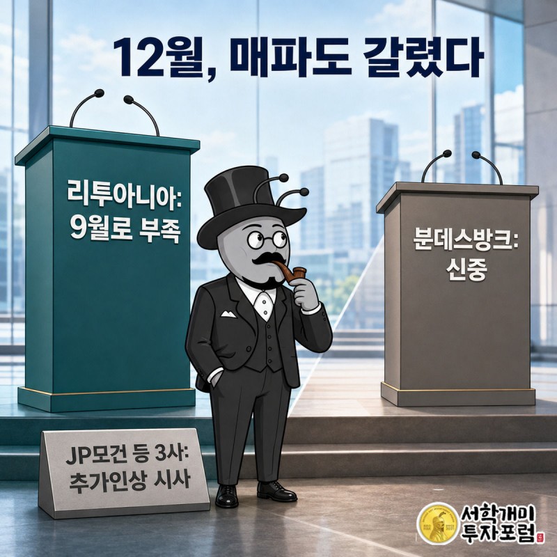 매파 인사들이 서로 다른 팻말을 든 사이에서 서민개미가 고개를 갸웃하는 그림
