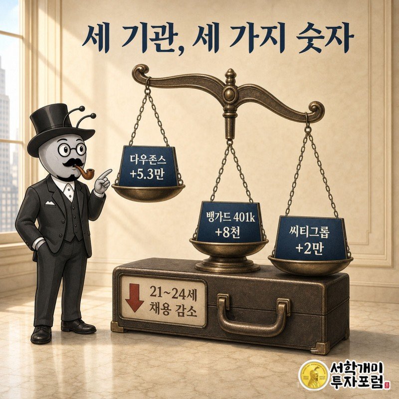 서민개미가 다우존스·씨티그룹·뱅가드 전망치를 얹은 저울 눈금이 서로 다르게 기운 것을 확인하는 이미지