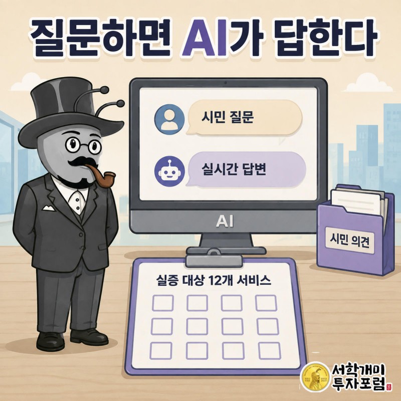 시민 질문에 AI가 실시간으로 답하는 흐름과 12개 서비스 체크리스트를 확인하는 개미