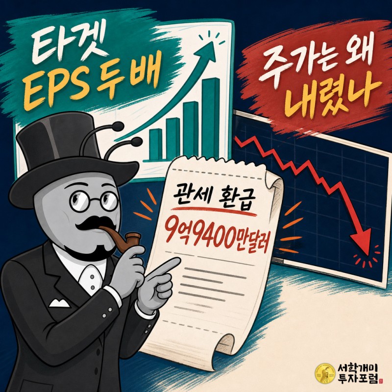 타겟의 두 배 EPS와 관세 환급 효과 및 주가 하락 배경을 분석하는 서학개미 기자
