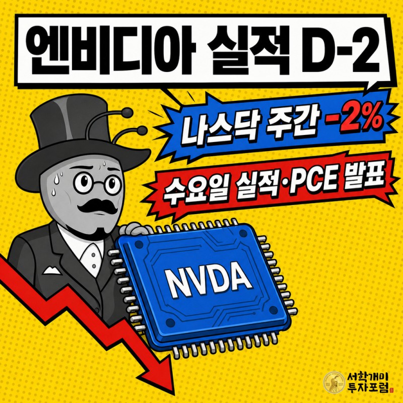 거대한 엔비디아 칩을 붙잡고 긴장한 표정을 짓는 개미와 하락 화살표, 굵은 제목 박스가 있는 팝아트 커버 이미지
