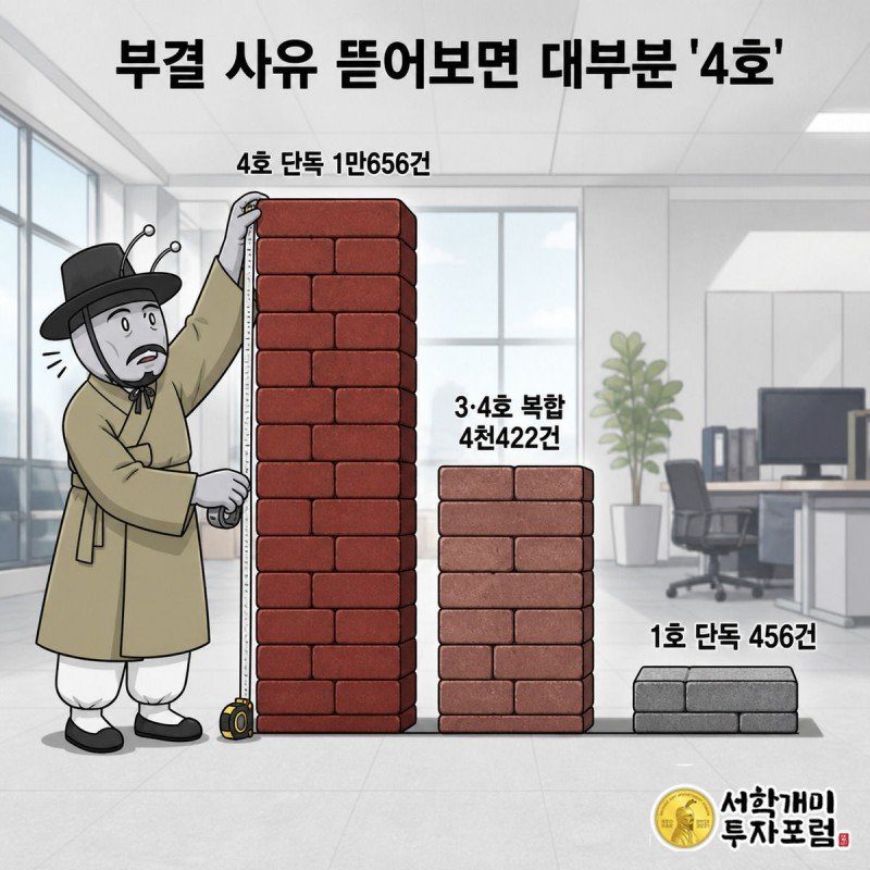 벽돌색 막대그래프에서 압도적으로 큰 4호 단독 사유 막대를 개미가 줄자로 재는 장면